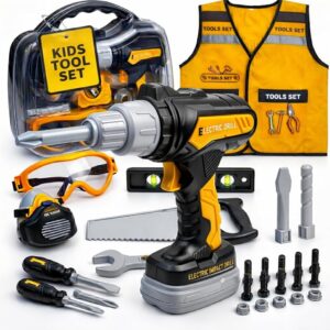 Kids Tool Set with Carrying Case, Electronic Toy Drill with Bits & Construction Vest – Pretend Play Kit with Safety Googles, Gas Shield, Tape Measure, Saw, Bubble Level, Screwdriver, Nuts & Bolts