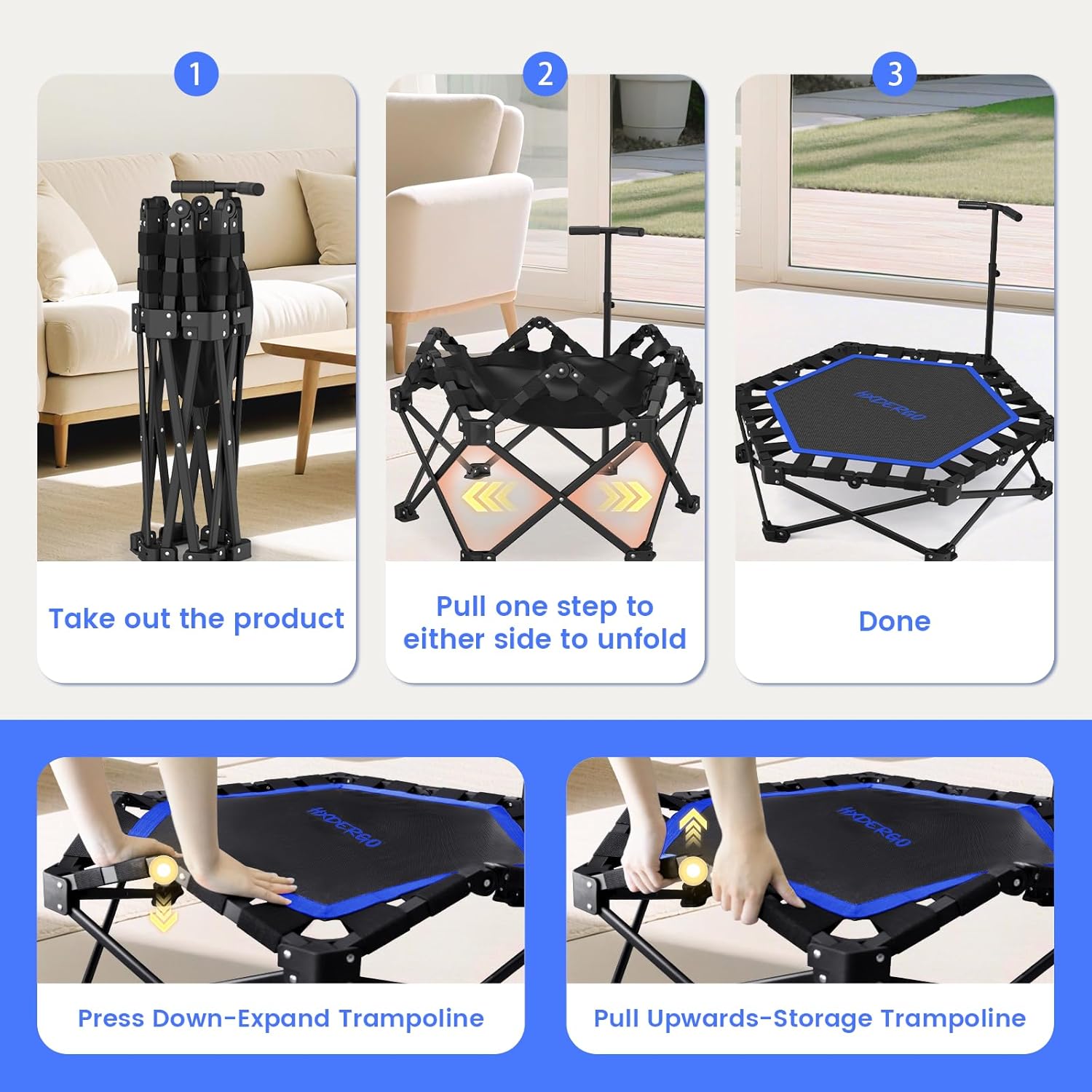 HXD-ERGO 42'' Foldable Mini Trampoline, Rebounder Trampoline with Adjustable Foam Handle, Fitness Trampoline for Indoor, Outdoor, Home Gym,Max Load 460lbs - Image 6