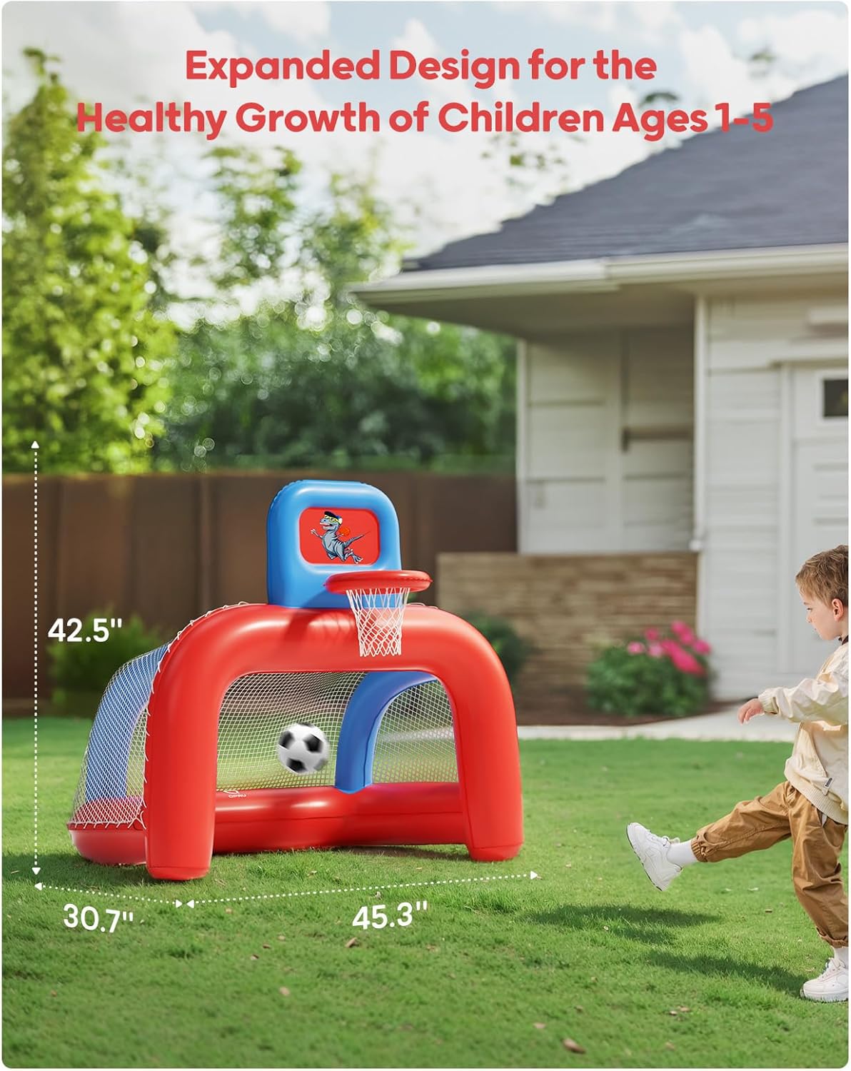 QPAU 2-in-1 Inflatable Toddler Basketball Hoop & Soccer Goal Set, Indoor Outdoor Sports Center Toys for Kids, Baby Toddlers Birthday Gift for 1 2 3 4 5 Year Old Boys Girls - Image 3