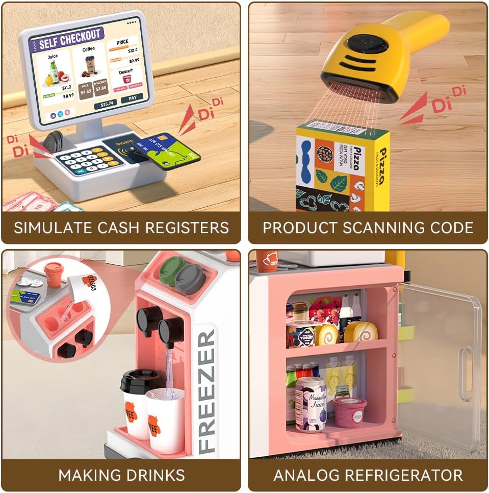 Cash Register Playset for Kids - 48PCS with Toy Coffee Machine,Pretend Play Money, Calculator, Scanner, Credit Card and Play Food for Boys and Girls! - Image 2