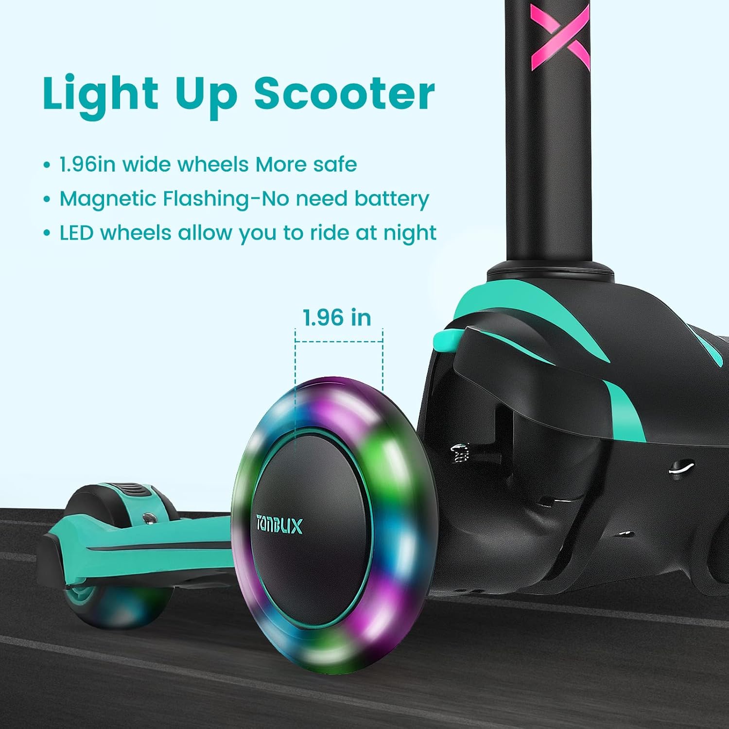 TONBUX Kids Scooter for Age 3-12, Toddler Scooter with 4 Adjustable Heights, Light Up 3-Wheels Scooter, Shock Absorption Design, Lean to Steer, Balance Training Scooter for Kids - Image 3