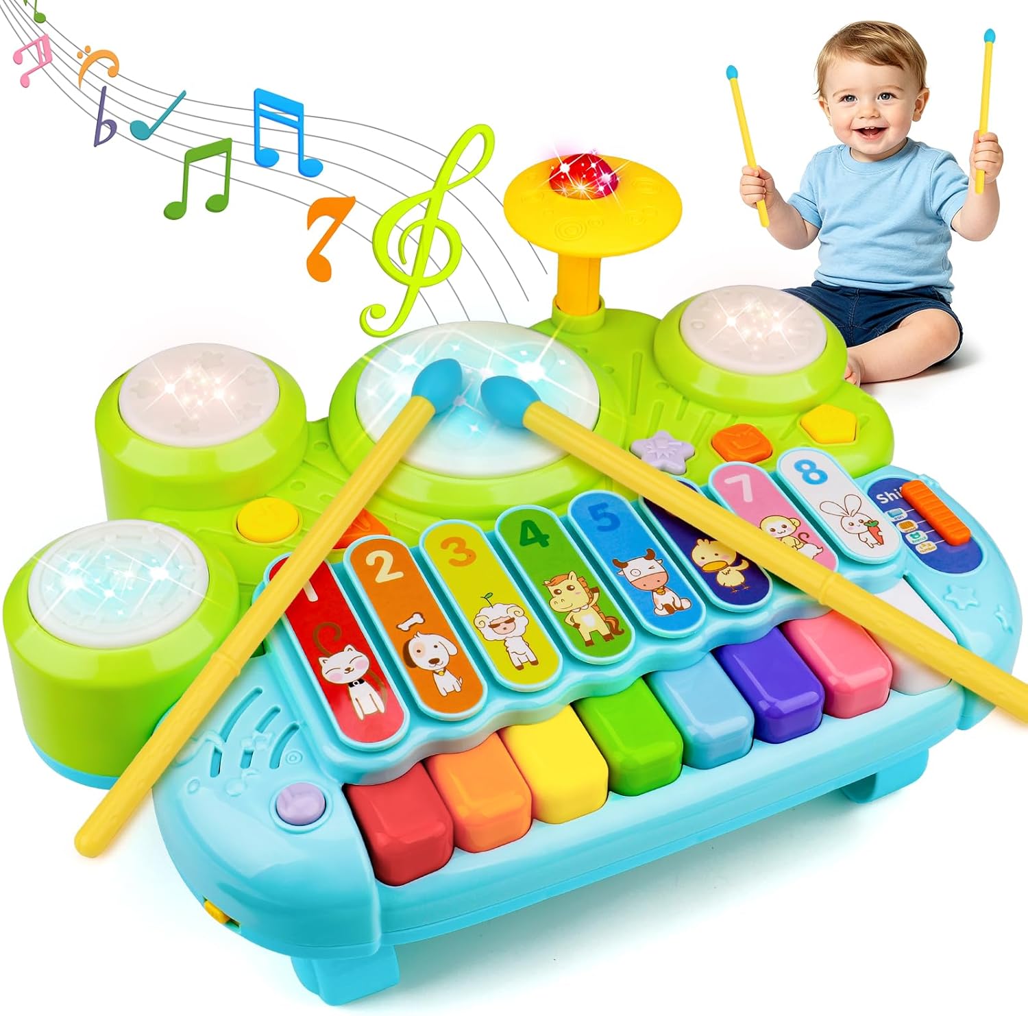 Baby Piano Drum Set for Toddlers, 3-in-1 Baby DJ Table Musical Toys Piano Keyboard Xylophone Instruments for 2 3 Years Old Boys Girls Music & Light Activity Table 18 Month Old Birthday Gifts