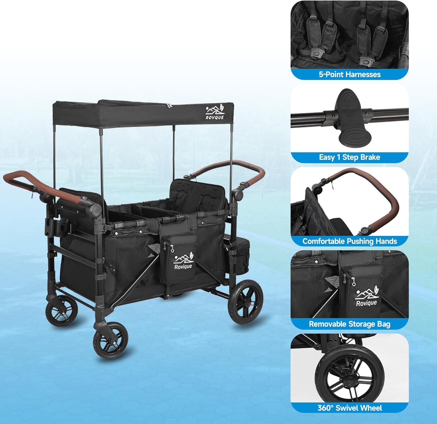 Rovique 4 Seater Wagon Stroller – Deluxe Quad Wagon for 4 Kids with Snack Trays,All-Terrain Wheels,Push Handle, Canopy,Aluminum Frame – Gift for Baby Showers,New Parents,Birthdays - Image 5