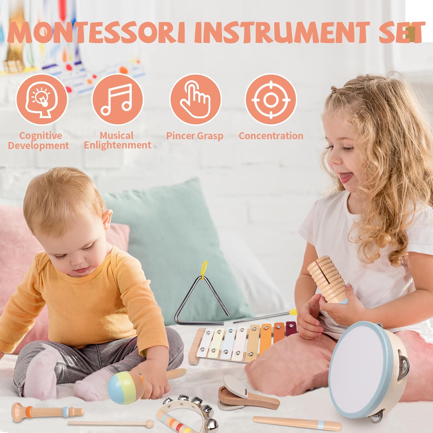 Baby Musical Instruments Set - Montessori Wooden 18 Month Old Baby Musical Toys, Toddler Percussion Instruments Xylophone Maracas Tambourine for Toddlers 1-3, 1 2 3 Year Old Girls Boys Birthday Gifts - Image 2