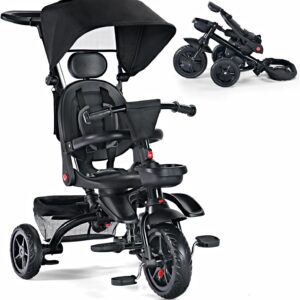 TODEFULL Folding Kids’ Tricycle, 8 IN1 Baby Trike W/Removable Canpoy&Parental Push Rod, Toddler Bike Stroller for Kids 1-5 Years, 360° Swivel Seat, EVA Wheels，Storage Basket, Black