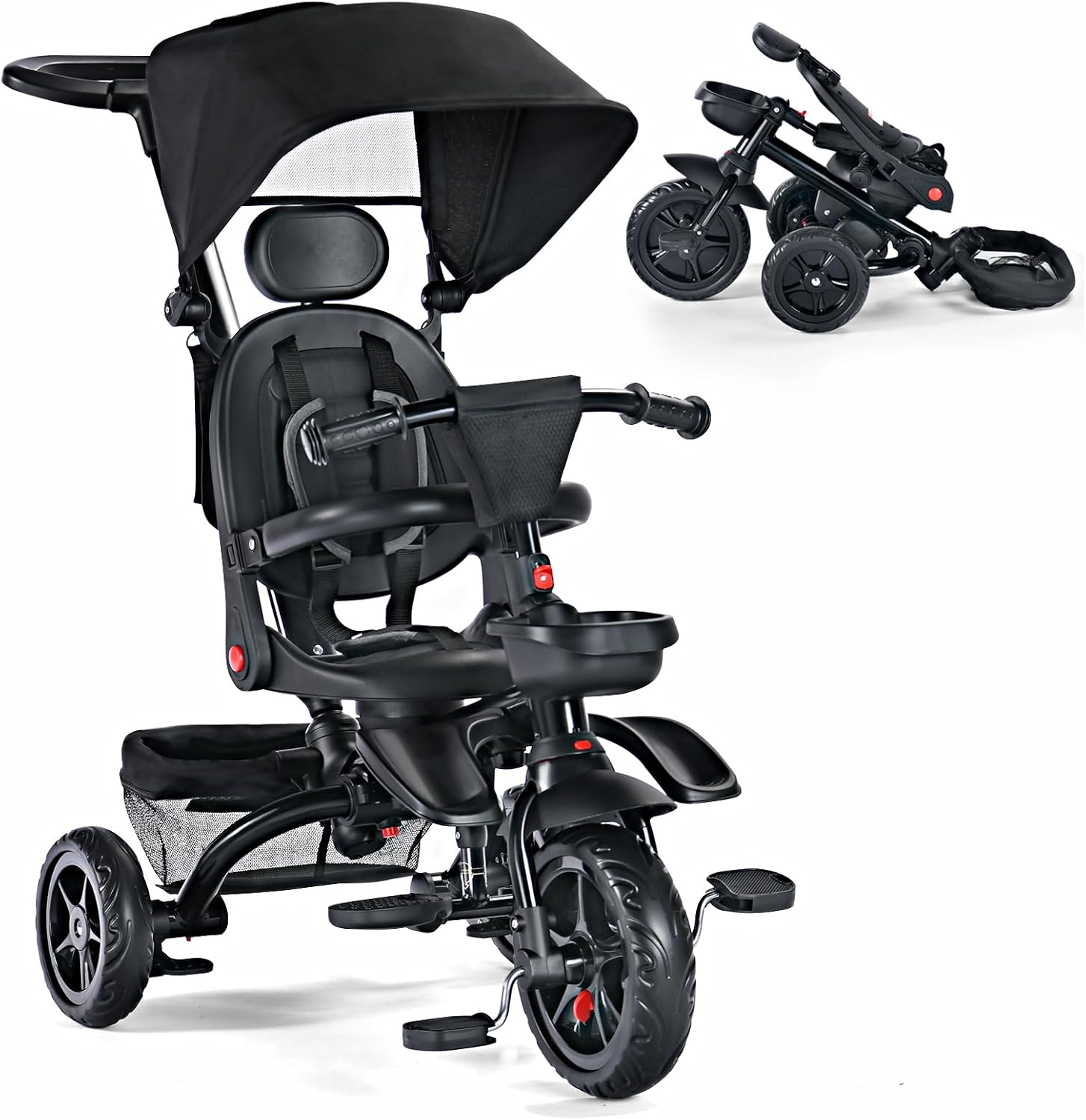 TODEFULL Folding Kids' Tricycle, 8 IN1 Baby Trike W/Removable Canpoy&Parental Push Rod, Toddler Bike Stroller for Kids 1-5 Years, 360° Swivel Seat, EVA Wheels,Storage Basket, Black