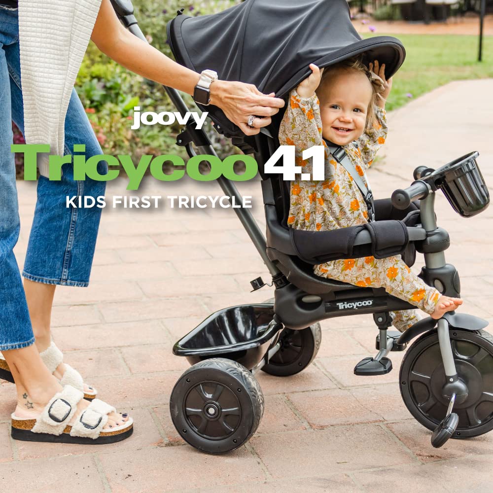 Joovy Tricycoo 4.1 Kids Tricycle with 4-Stages Featuring Extra-Wide Front Tire, Removable and Adjustable Parent Handle, Safety Harness, Machine-Washable Seat Pad, and Retractable Canopy (Black) - Image 2