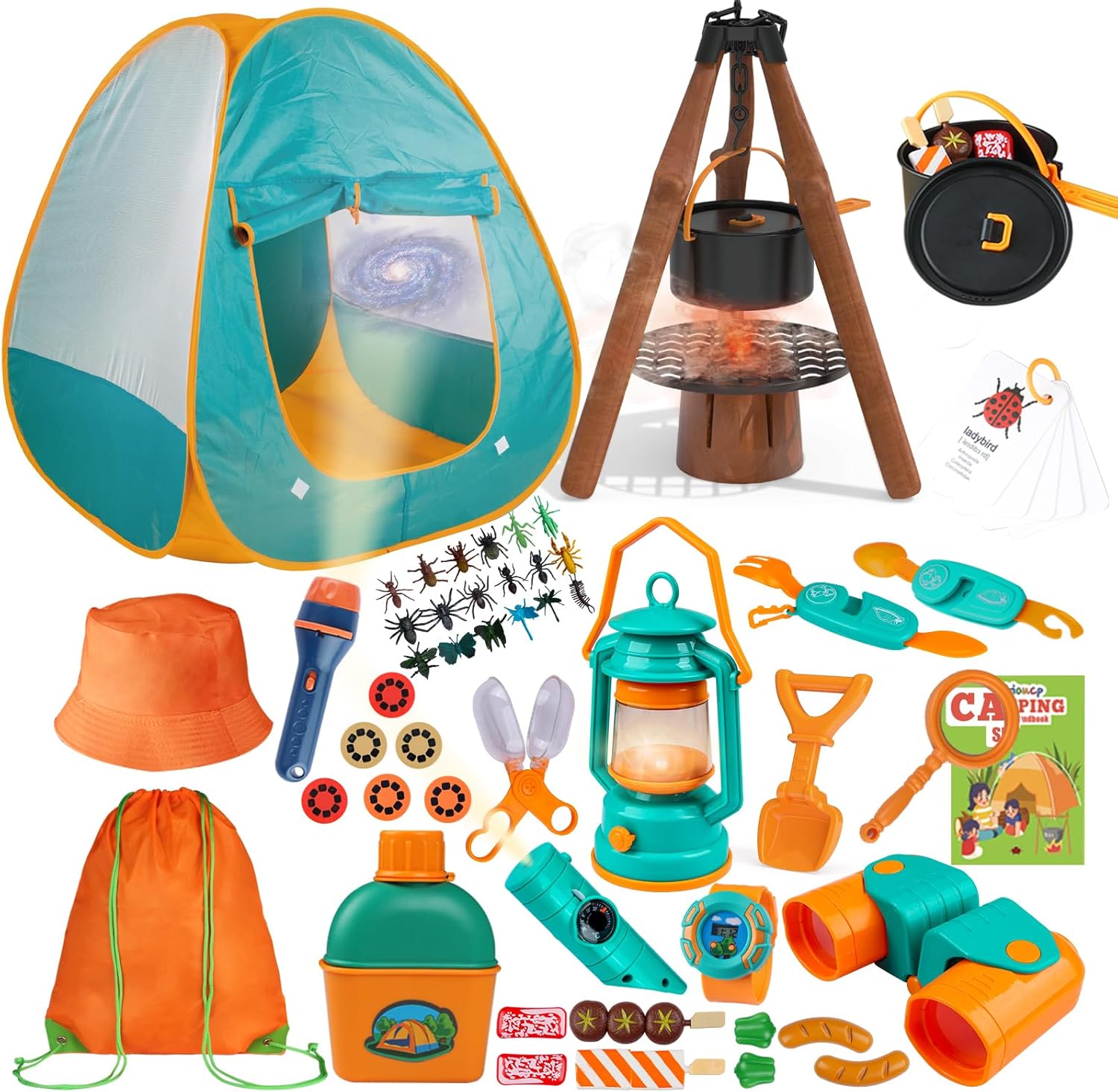 Qtioucp Kids Camping Set 50pcs with Tent & Space Projector Flashlight- Outdoor Campfire Toy Set for Toddlers Kids - Pretend Play Camp Gear Tools for Birthday Christmas