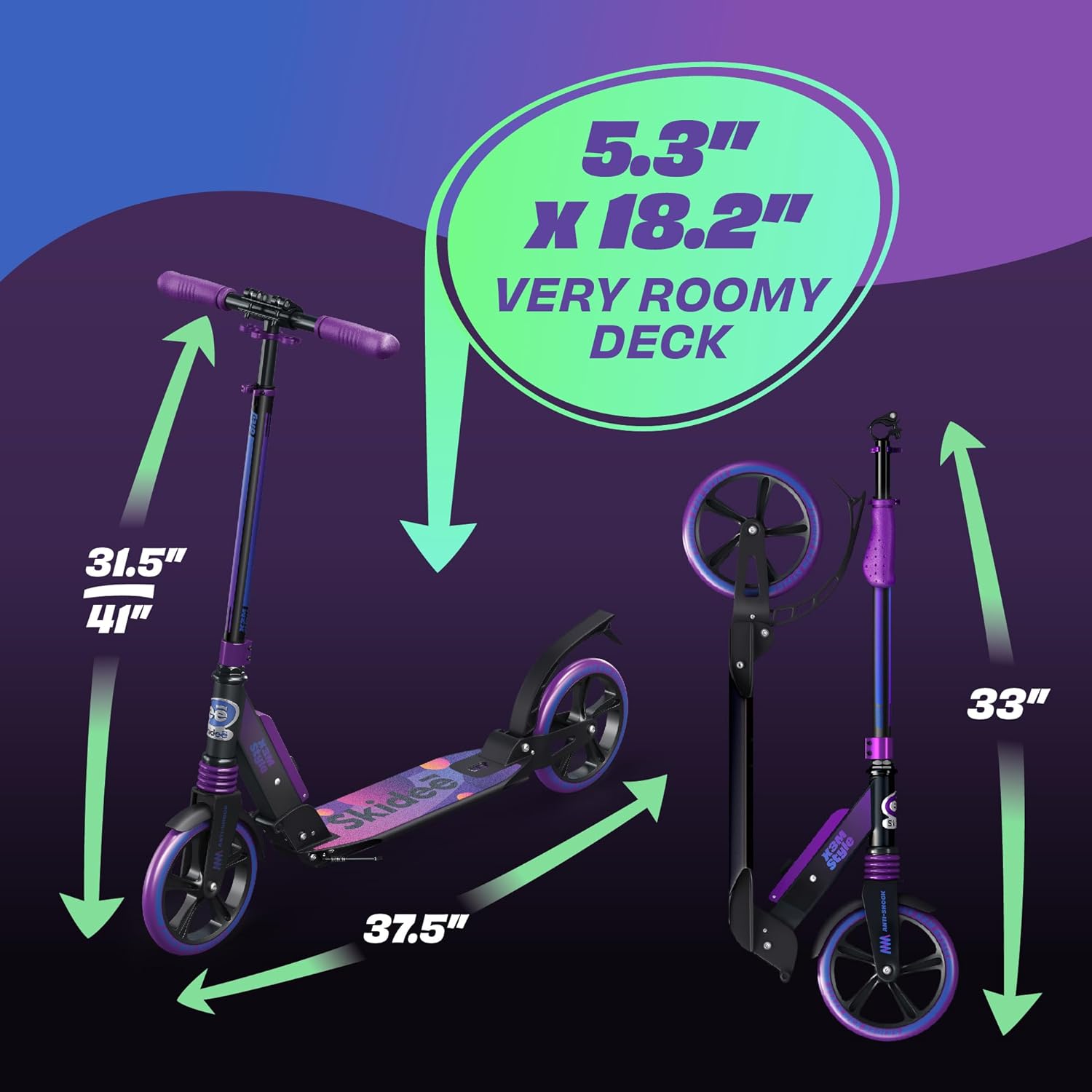 Skidee Adult & Teen Scooter Adjustable Height, Folding, Large Wheels, Lightweight, Durable, Anti-Shock Suspension, Up to 220 lbs - Image 5