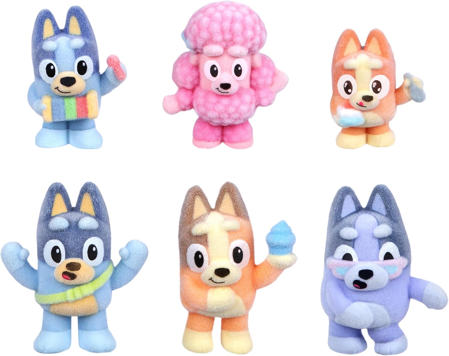 Bluey Fuzzies Deluxe Figure Pack. Eight Figures : 6 Specially Flocked Collectible Mini-Figures + 2 Surprise Figures (Blind Pack), Trading Card, and Collector's Guide. 80 to Collect in Series 1! - Image 3
