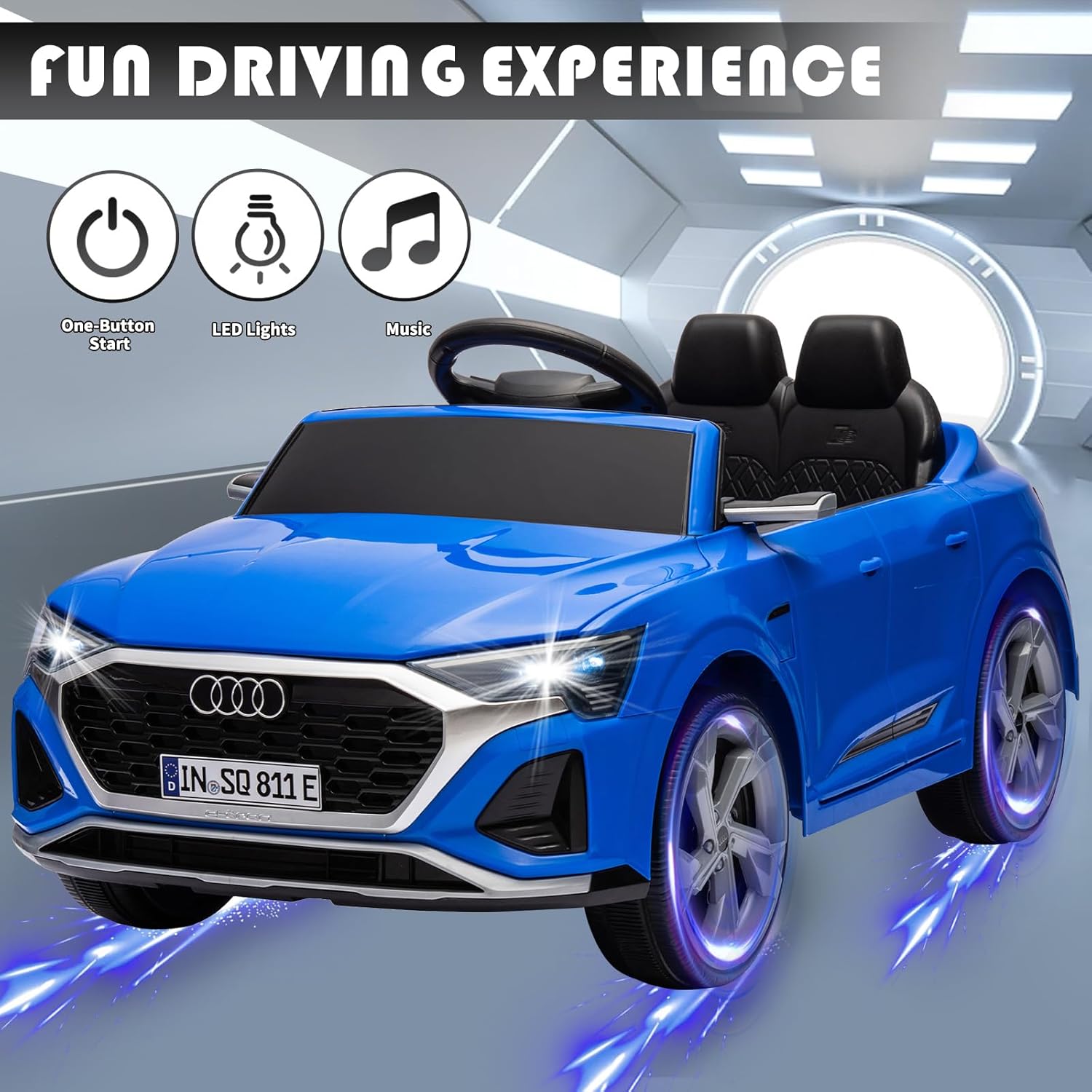 Licensed Audi 12V Children's Electric Ride-On Car, Battery-Powered Electric Toy Car, Suitable for Boys and Girls Aged 3+, with LED Headlights, 2.4GHz Remote Control (Blue) - Image 4