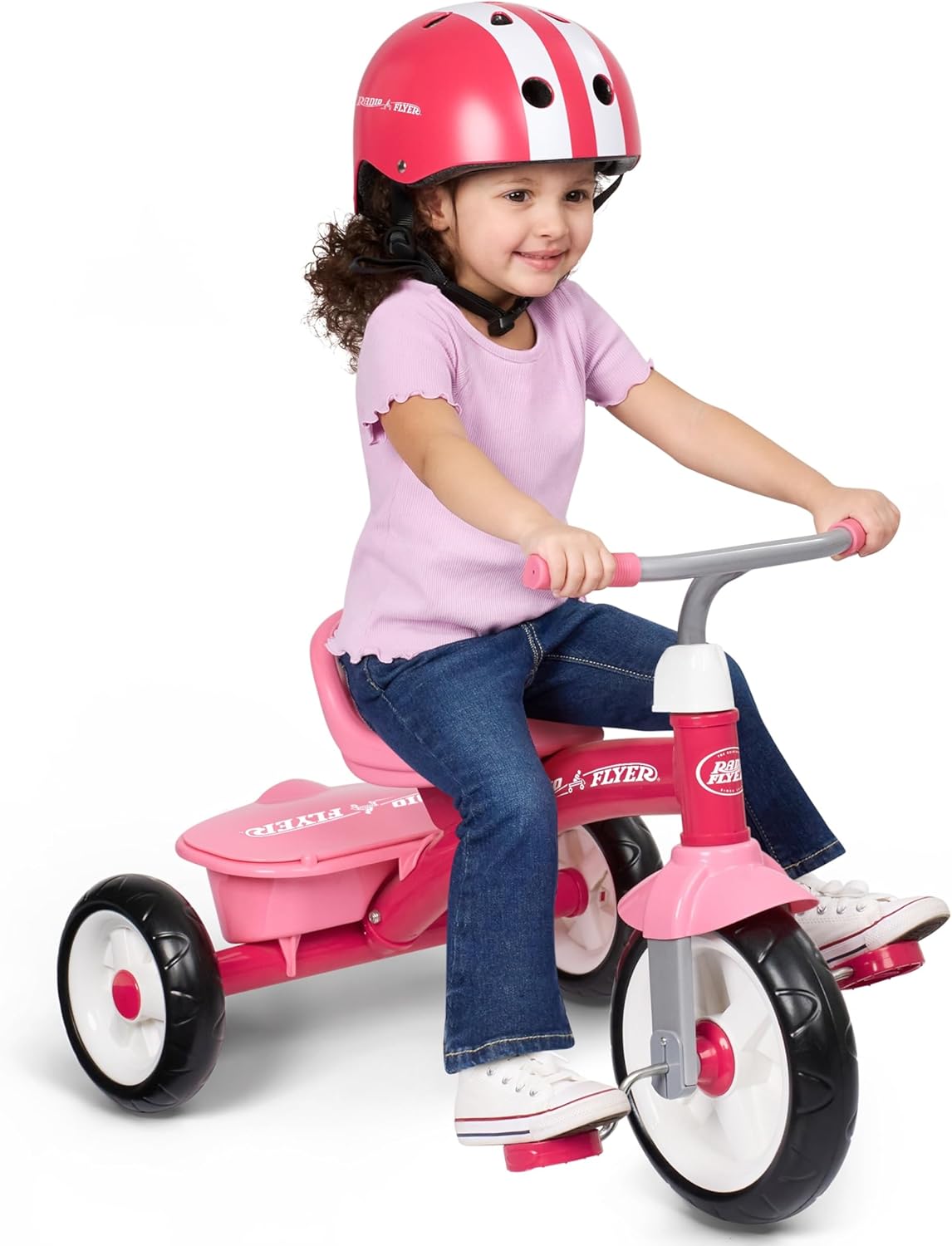 Radio Flyer Pink Rider Trike, for Ages 2.5-5, Adjustable Seat, Steel Construction, Quiet Ride Wheels, Covered Storage Bin, Comfort Grip Handlebars, Easy Carry Seat Handle, Tricycle for Toddlers