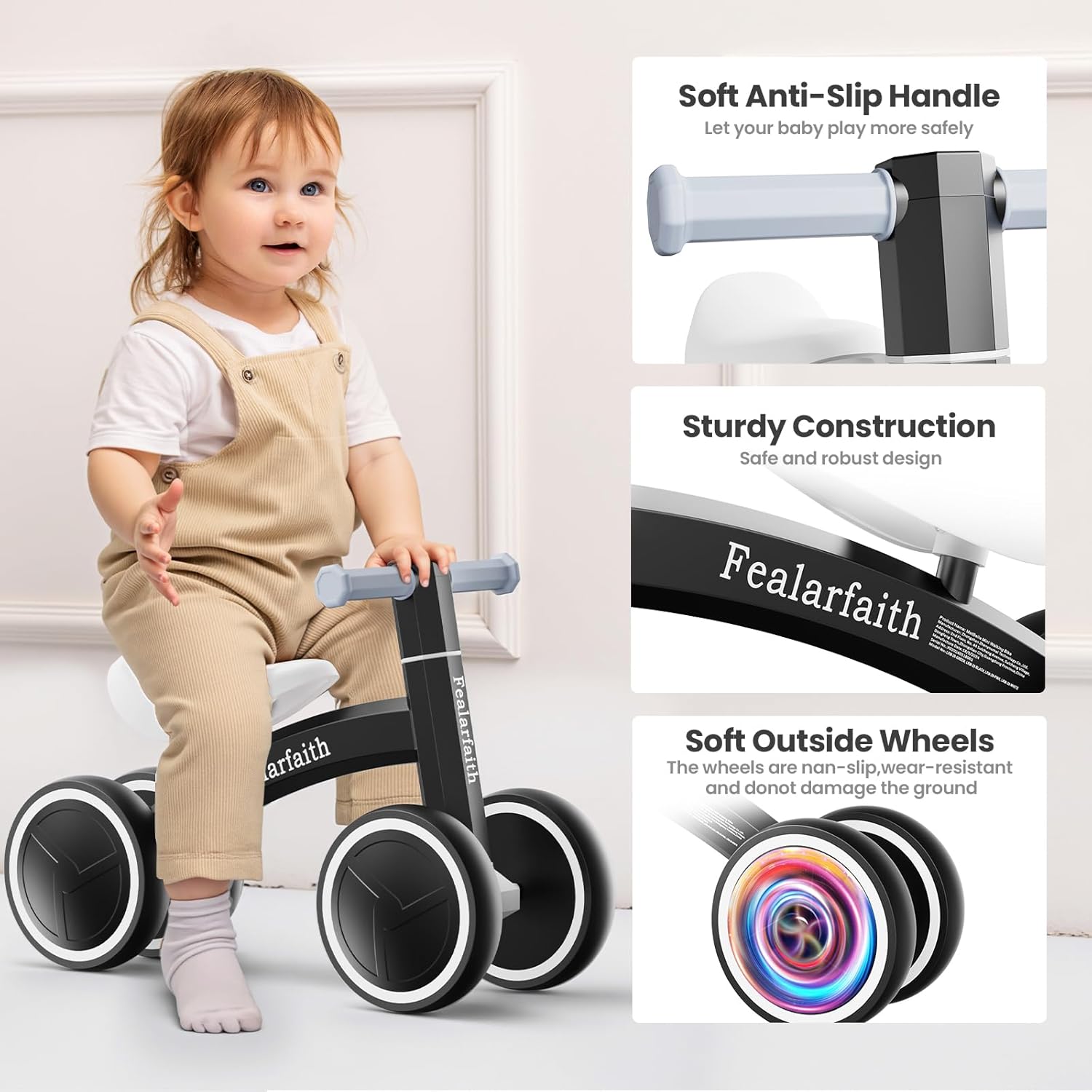 Baby Balance Bike for 1 Year Old Boys Girls, Toddler First Bike with 4 Colorful Lighting Wheels | 10-36 Month Toddler Balance Bike | First Birthday Gifts (Black) - Image 6