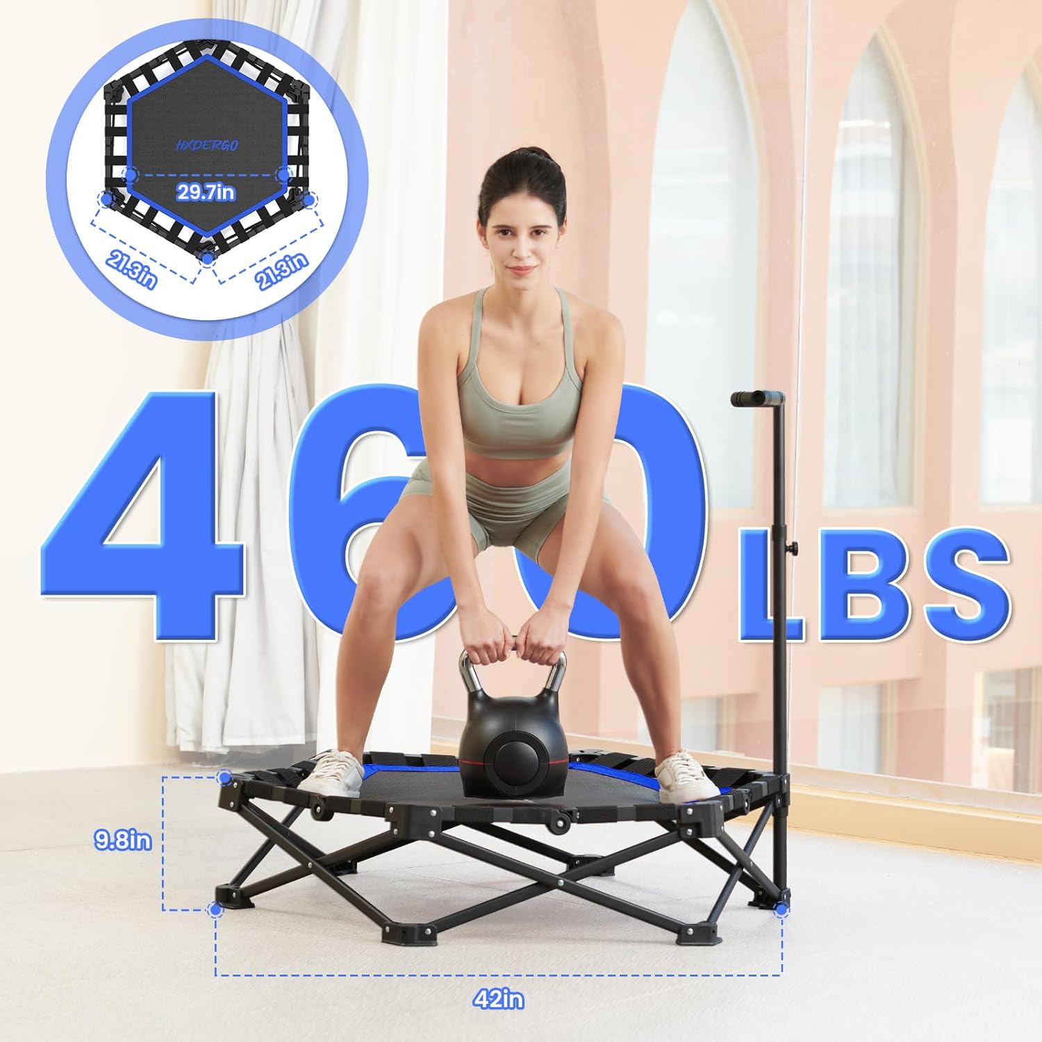 HXD-ERGO 42'' Foldable Mini Trampoline, Rebounder Trampoline with Adjustable Foam Handle, Fitness Trampoline for Indoor, Outdoor, Home Gym,Max Load 460lbs - Image 2