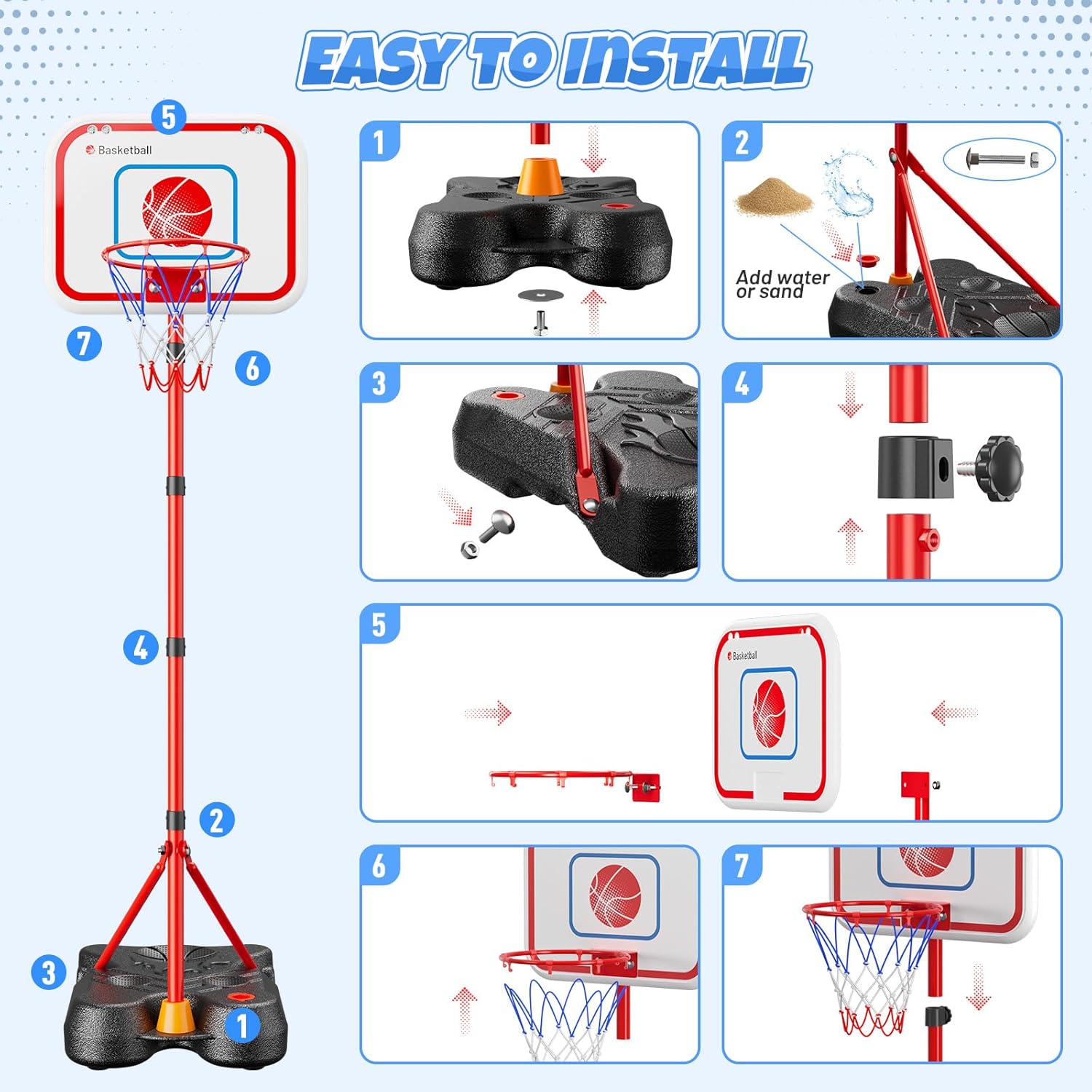 HopeRock 2 in 1 Kids Basketball Hoop and T Ball Set, Adjustable Basket Ball Stand,Hanging Tee Baseball for Toddlers Boys Girls Ages 2 3 4 5 6 7 8 Years Old, Outdoor Toys Gifts - Image 6
