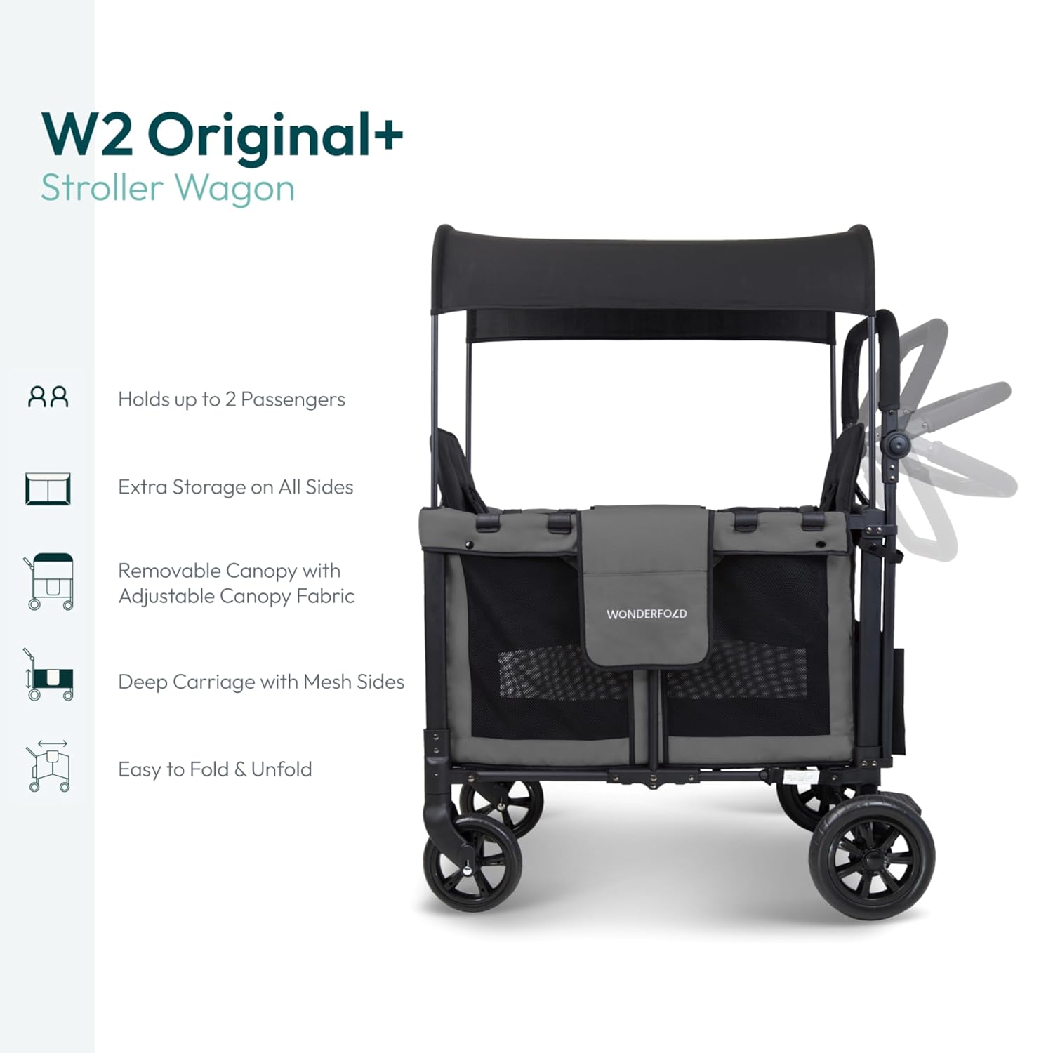 WonderFold W2 Stroller Wagon - Foldable Wagon with Steel Frame - Canopy & Adjustable Push Handle - All-Terrain Wheels - for Babies, Toddlers & Kids - 2 Seater - Gray - Image 3
