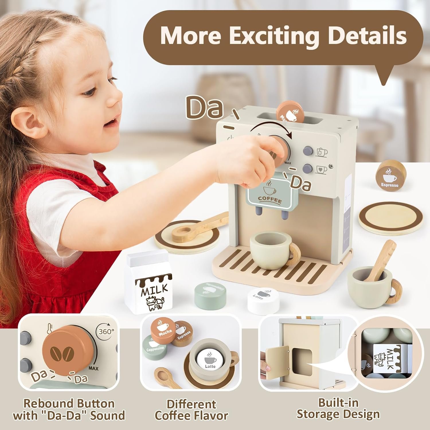 Airlab Toy Coffee Maker for Kids Wooden Kitchen Accessories Pretend Play Toddler Coffee Playset for Girls Boys Ages 3 4 5 Years Birthday Gifts - Image 4