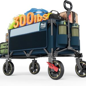 Timber Ridge 49″ Extra Long Collapsible Folding Wagon with Tailgate and Brakes, 300lbs Heavy Duty Foldable Wagon with Adjustable Handle, 250L Capacity Portable Cart for Outdoor Camping Sports, Blue