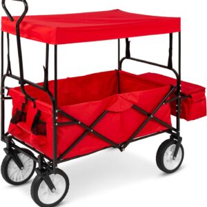 Best Choice Products Collapsible Folding Outdoor Utility Wagon with Canopy Garden Cart for Beach, Picnic, Camping, Tailgates w/Removable Canopy, Detachable Pockets, 150lb Weight Capacity – Red