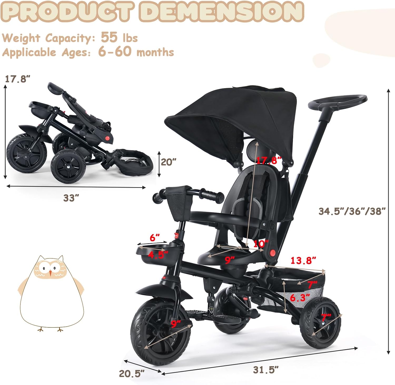 TODEFULL Folding Kids' Tricycle, 8 IN1 Baby Trike W/Removable Canpoy&Parental Push Rod, Toddler Bike Stroller for Kids 1-5 Years, 360° Swivel Seat, EVA Wheels,Storage Basket, Black - Image 9