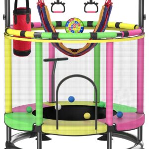 Trampoline for Kids, Full Anti-Rust 440lbs Anti-Rollover Round Bottom Toddler Trampoline, T-handrail Adjustable Baby Toddler Trampolines Dart Board