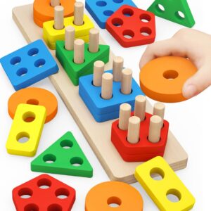 PEBIRA Montessori Toys for 1 to 3-Year-Old Boys Girls Toddlers, Wooden Sorting & Stacking Toys for Toddlers and Kids Preschool, Educational Color Recognition Shape Sorter, Learning Puzzles Gift