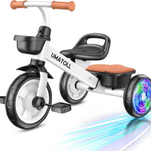 Umatoll Tricycle for Toddlers 2-5 Year Old, Ajustable Toddler Bike Outdoor Toys, Birthday Gift for Boy Girl Age 2-4, Trike with Light up Wheels
