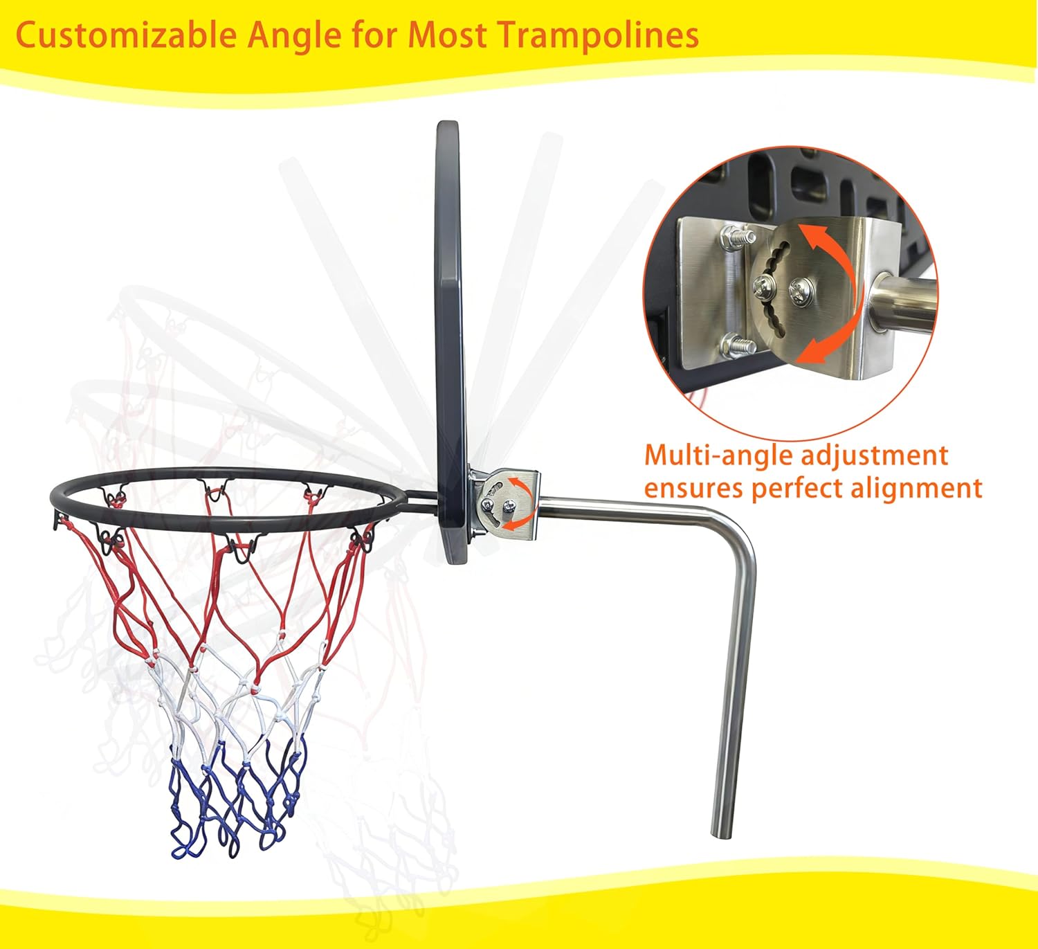 Trampoline Basketball Hoop, Fits Most Straight & Curved Poles, with Stainless Steel Angle-Adjustable Mounting Base, Includes Mini Basketball & Pump - Image 7