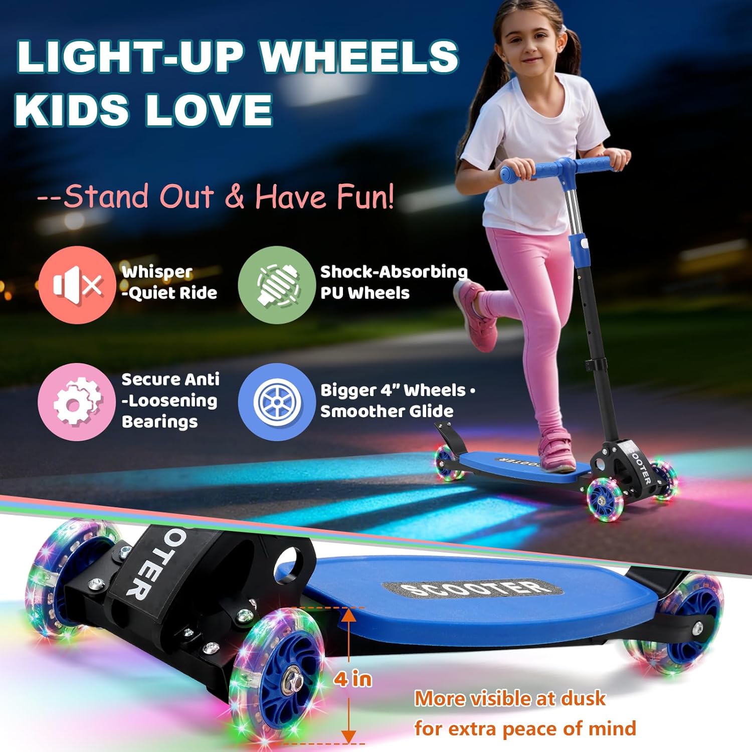 Kick Scooter for Kids Ages 6-12, LED Lighted Wheels and 3 Adjustable Height Handlebars, Kids Kick Scooter, Extra Wide Deck for Girls and Boys Blue - Image 5