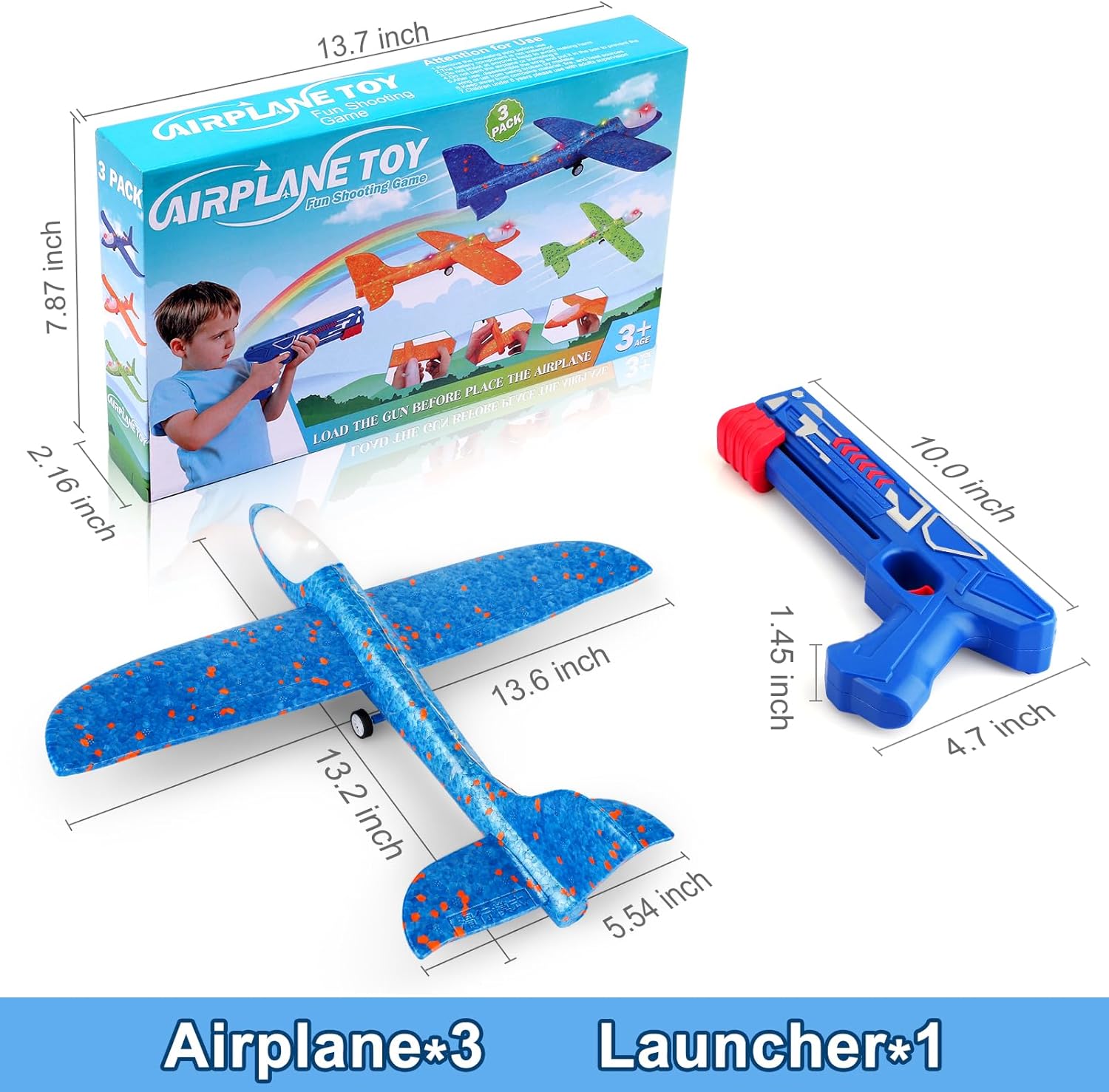 Fuwidvia 3 Pack Airplane Launcher Toys, 13.2'' LED Foam Glider Plane Toy for Boys, 2 Flight Modes Outdoor Flying Toys Birthday Gifts for Boys Girls 4 5 6 7 8 9 10 11 12 Year Old (Blue&Green&Orange) - Image 6
