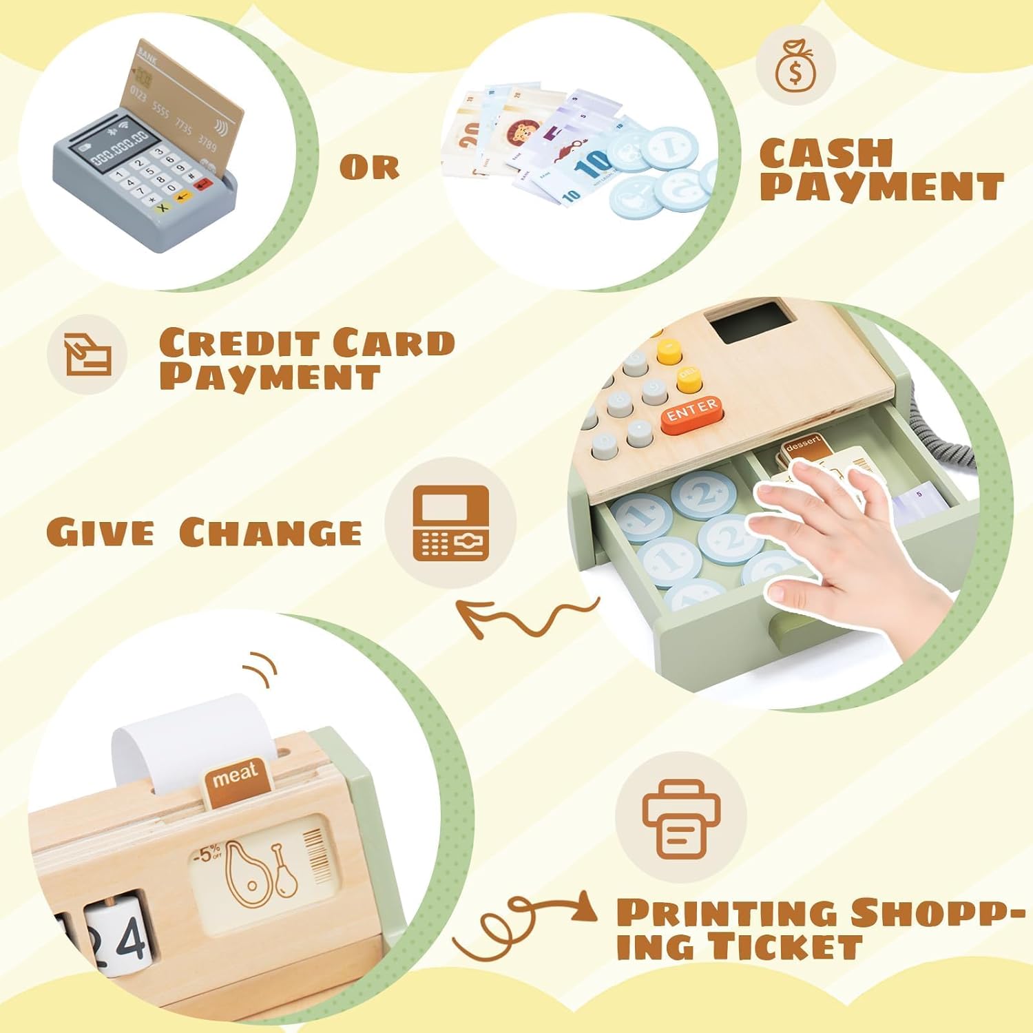Wooden Toy Cash Register for Kids, Pretend Play Shop with Money Scanner and Credit Card, Montessori Toddler Grocery Cashier Role Play Educational Toy Preschool Learning Gift for Boys Girls Ages 3+ - Image 4