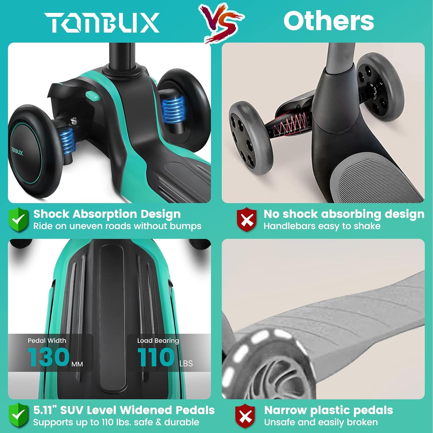 TONBUX Kids Scooter for Age 3-12, Toddler Scooter with 4 Adjustable Heights, Light Up 3-Wheels Scooter, Shock Absorption Design, Lean to Steer, Balance Training Scooter for Kids - Image 4