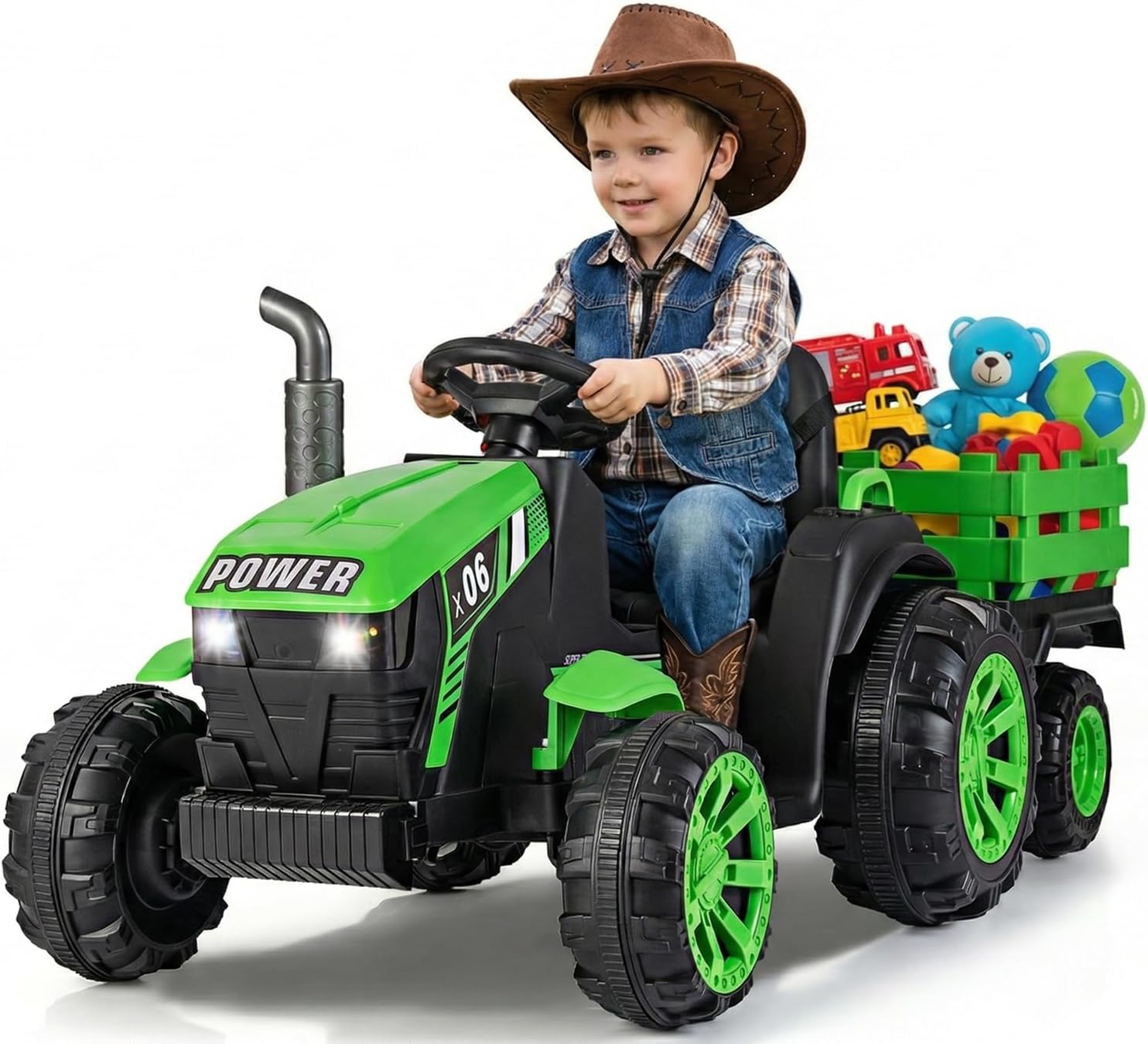 OLAKIDS 24V 9AH Ride on Tractor with Detachable Trailer, 2 x 550W Motors, Remote Control for Toddler (Green)