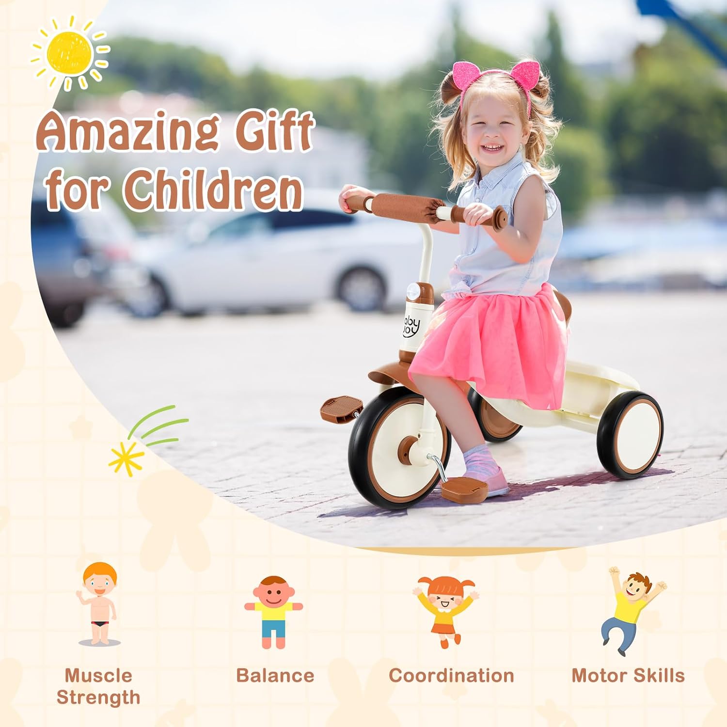 BABY JOY Toddler Tricycle, Kids Trike with Adjustable Seat and Storage Basket for Boys Girls Indoor and Outdoor Riding, Toddler Trike for Baby 3-5 Years Old (Beige) - Image 9