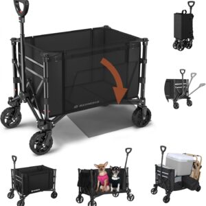Raynesys 3 in 1 Collapsible Wagon Converts to Bench, 220lbs Foldable Wagon Cart with Wheels, 120L Shopping Cart for Groceries Folding Utility Wagon for Beach, Garden, Camping, Sport, Black