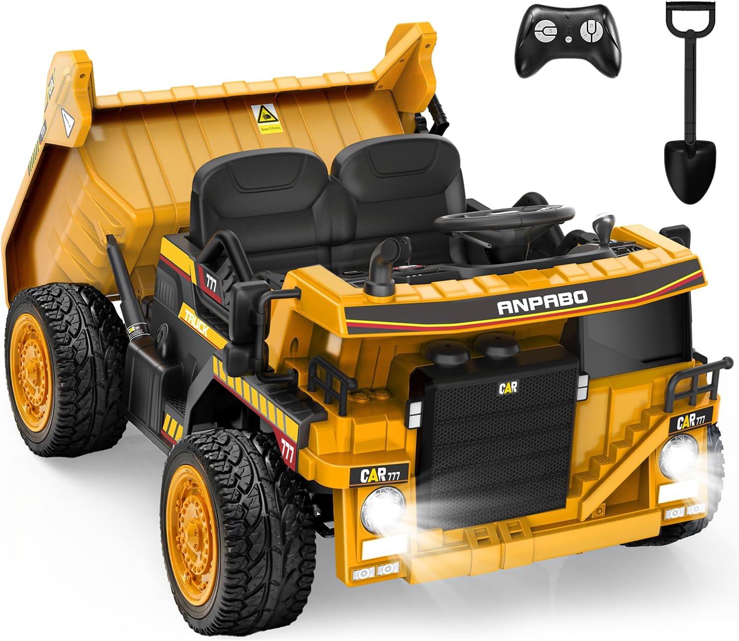 ANPABO 24V Ride On Dump Truck, 2X75W Powerful Motors, Up to 4.4Mph, EVA Tires, Construction Vehicle w/Electric Dump Bed and Extra Shovel, 19" Spacious 2 Seater, Kids Car w/Parent Remote -Yellow