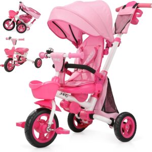 JMMD 8 in 1 Tricycle Stroller with Push Handle, Foldable Trike with 360° Swivel Seat, Reclining Backrest, All-Terrain Wheels, Dual Brakes, Canopy & Storage, Gift for Kids 18 Months to 5 Years, Pink