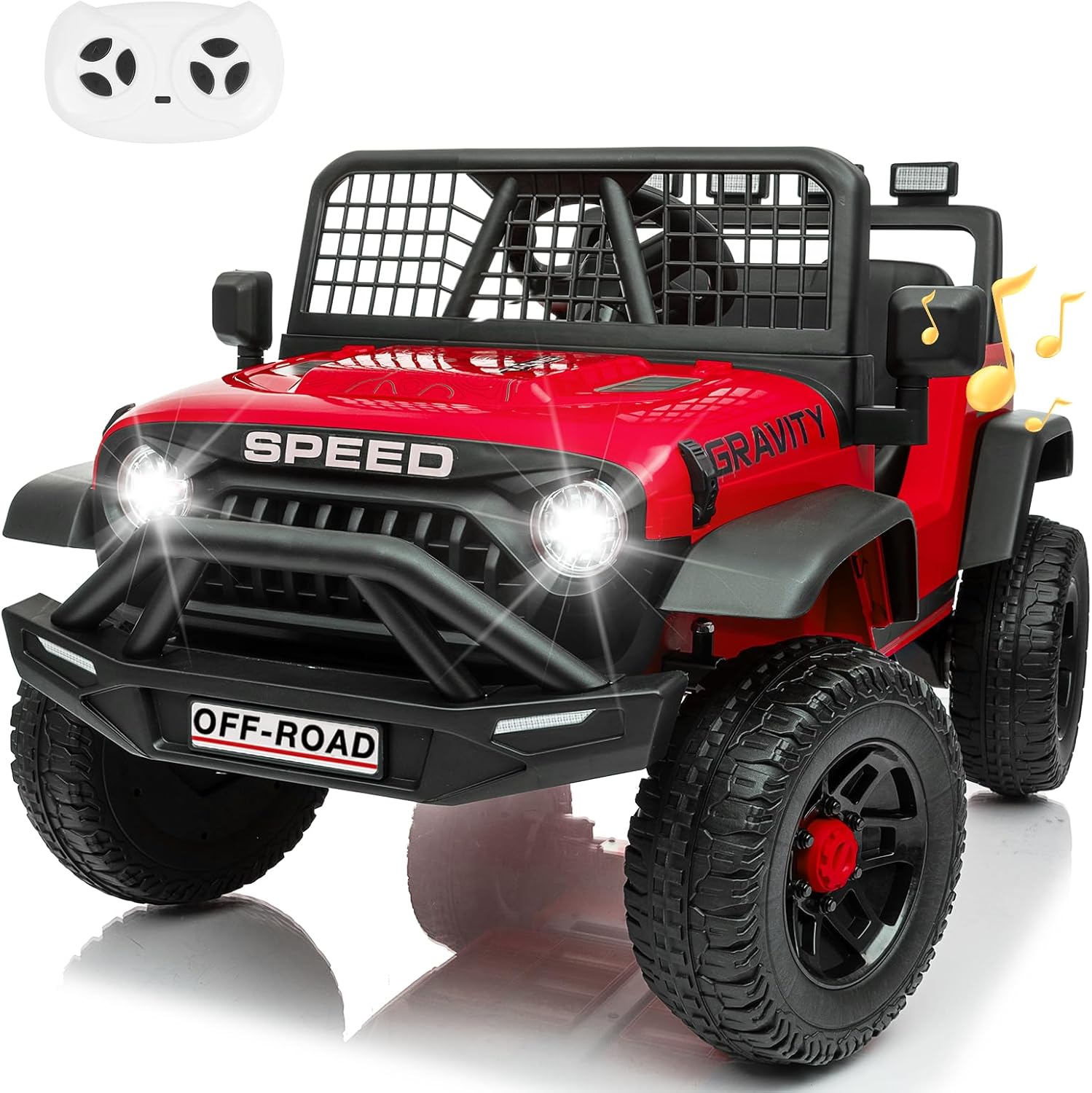 24V Jeep Power Wheels w/Remote Control, 4WD Ride on Truck Car, 3 Speed, Bluetooth Music, Wide Seat, Spring Suspension, LED Light, Birthday for Boys Girls Toddler (Black+Red)
