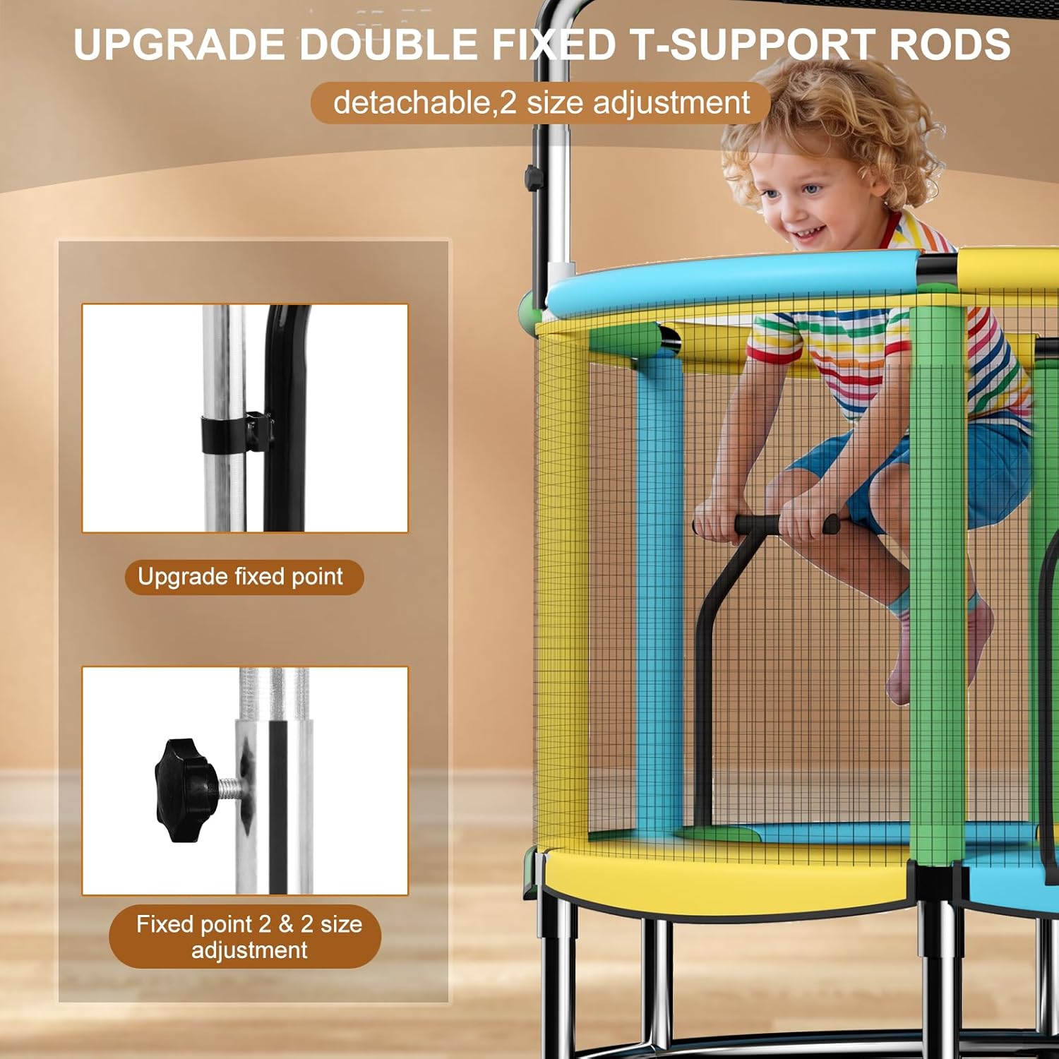 55" Trampoline for Kids,Up to 440 Ibs Mini Trampoline with Anti-Rollover Round Bottom,Indoor & Outdoor Toddler Trampoline with Safety Enclosure,Adjustable Gymnastics Bars,Basketball Hoop - Image 2