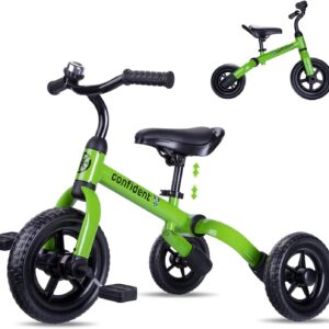 YGJT 3 in 1 Tricycle for Toddlers Age 2-5 Years Old, Folding Kids Balance Bikes with Adjustable Seat and Removable Pedal, Ride-on Toys for Infant, Gift for Baby Boys Girls Birthday(Green)