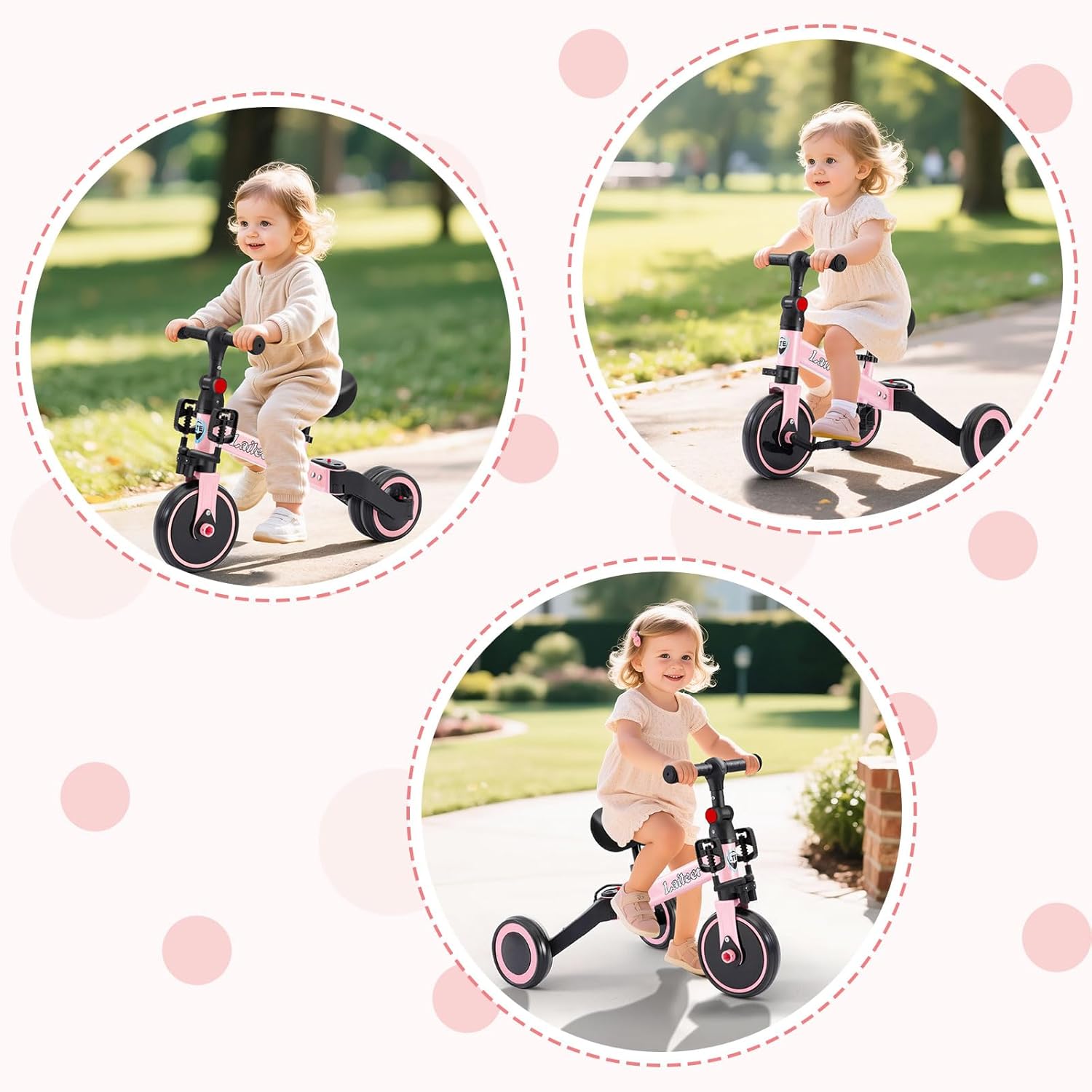 3 in 1 Tricycle for Toddler Age 2-5 Years Old, Folding Kids Balance Bike with Adjustable Seat & Removable Pedal, Indoor Outdoor Ride-on Toys for Infant, Baby Trike for Boy and Girl, Pink - Image 7