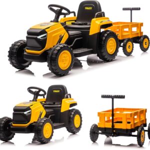 Garvee Toddlers Ride on Tractor with Detachable Garden Cart, 12V Electric Kids’ Vehicle with Trailer, Ages 3–8, Max Load 66 Lbs, Up to 2.5 Mph, Battery-Powered 8-Wheel, Remote Control, Garden Game