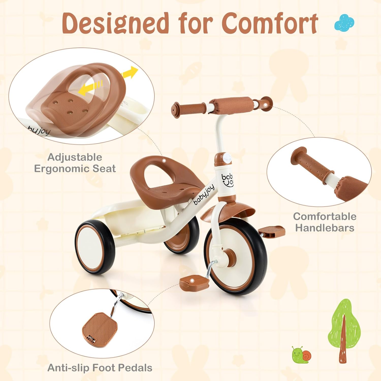 BABY JOY Toddler Tricycle, Kids Trike with Adjustable Seat and Storage Basket for Boys Girls Indoor and Outdoor Riding, Toddler Trike for Baby 3-5 Years Old (Beige) - Image 8