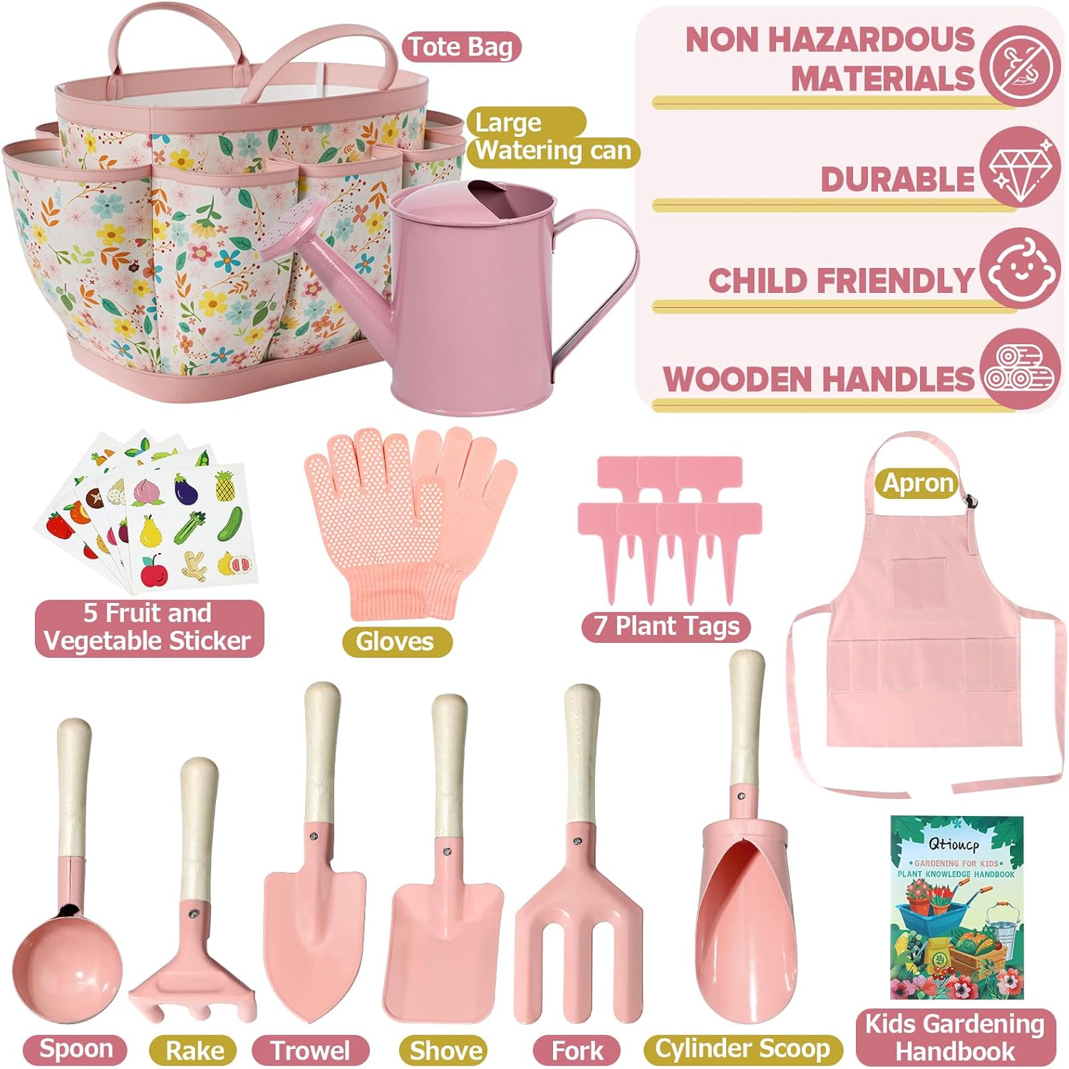 Qtioucp Kids Gardening Set 14Pcs Garden Tools with Tote Bag,Watering Can, Shovel, Apron, Garden Book and More Educational STEM Learning Outdoor for Toddlers Boys Girls (Floral) - Image 2