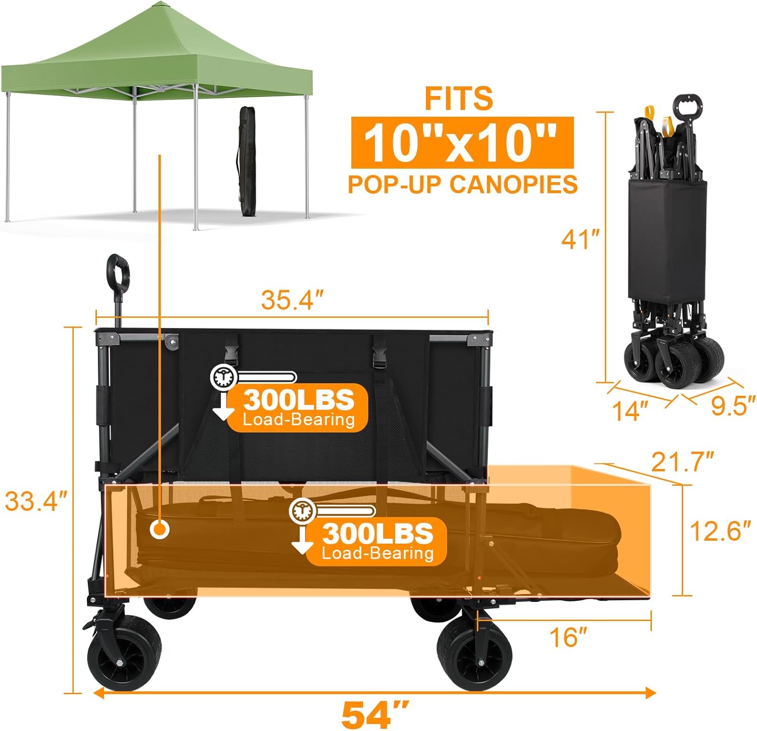 Double Decker Wagon Heavy Duty Collapsible, 600LBS 400L Capacity Foldable Utility Cart with Big Wheels for Beach, Outdoor, Camping & Gardening, Durable Steel Frame - Image 2