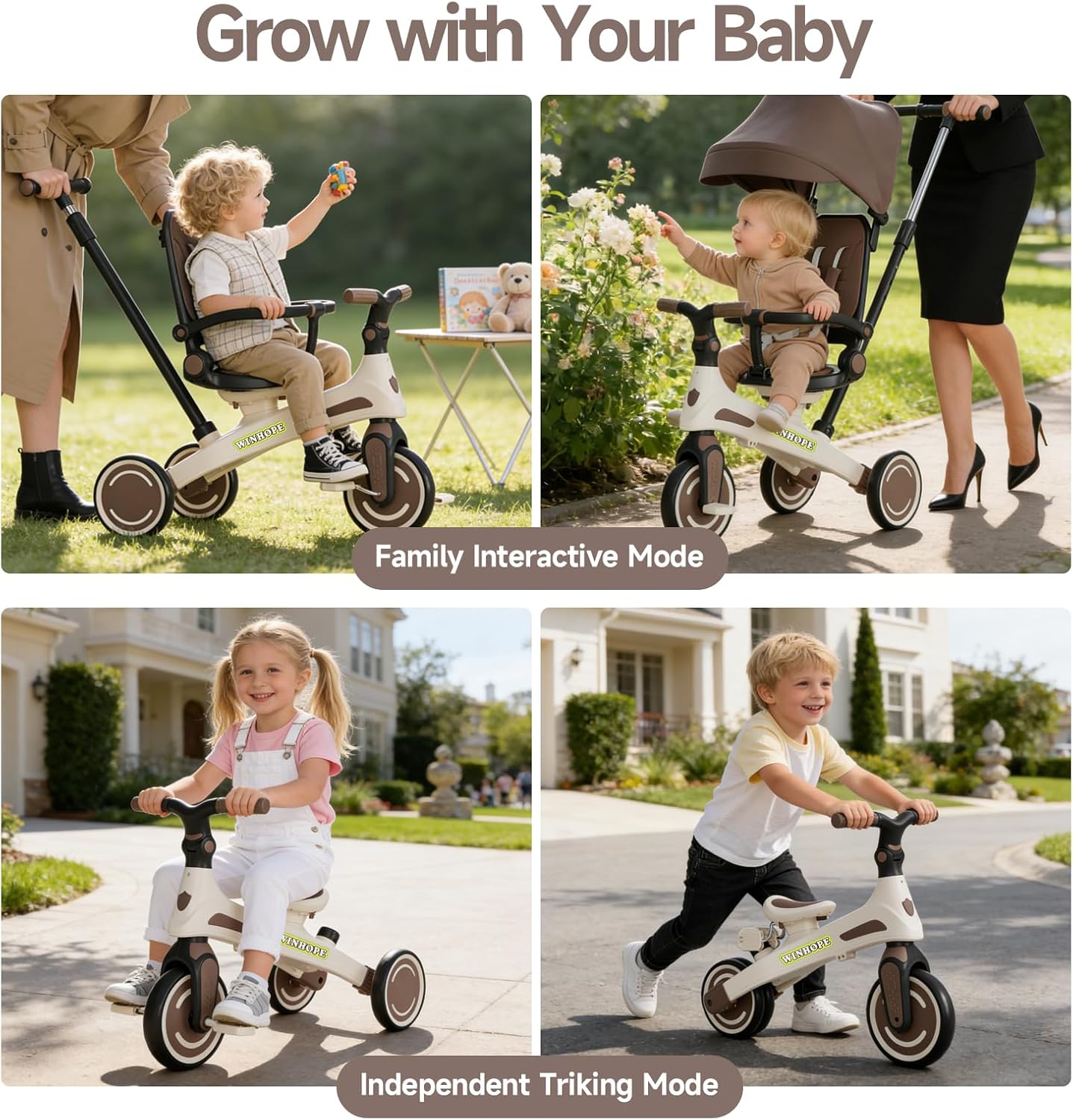 Winhope Kids Tricycle, 6 in 1 Baby's Tricycle Toddler Trike with Adjustable Push Handle, Reversible Seat and Canopy, Baby Stroller for 1-6 Year Olds, Suitable for Outdoor Activities(Coffee) - Image 7
