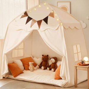 Little Dove Extra Large Kids Play Tent with Flags & Star Lights, Portable & Foldable Teepee, Boys & Girls, Indoor Outdoor JoyHut Dome Tent Playhouse, 59x39x59 in, Cream