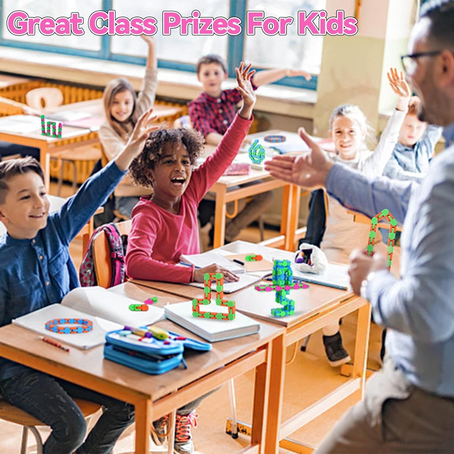 8Pcs 24Links Fidgets Wacky Tracks Fidget Toys for Kids Valentines Day Gifts Classroom Gifts School Easter Stocking Stuffers Plastic Sensory Autism Snap Fidget Click Snake Toys for Adults Travel 11inch - Image 3