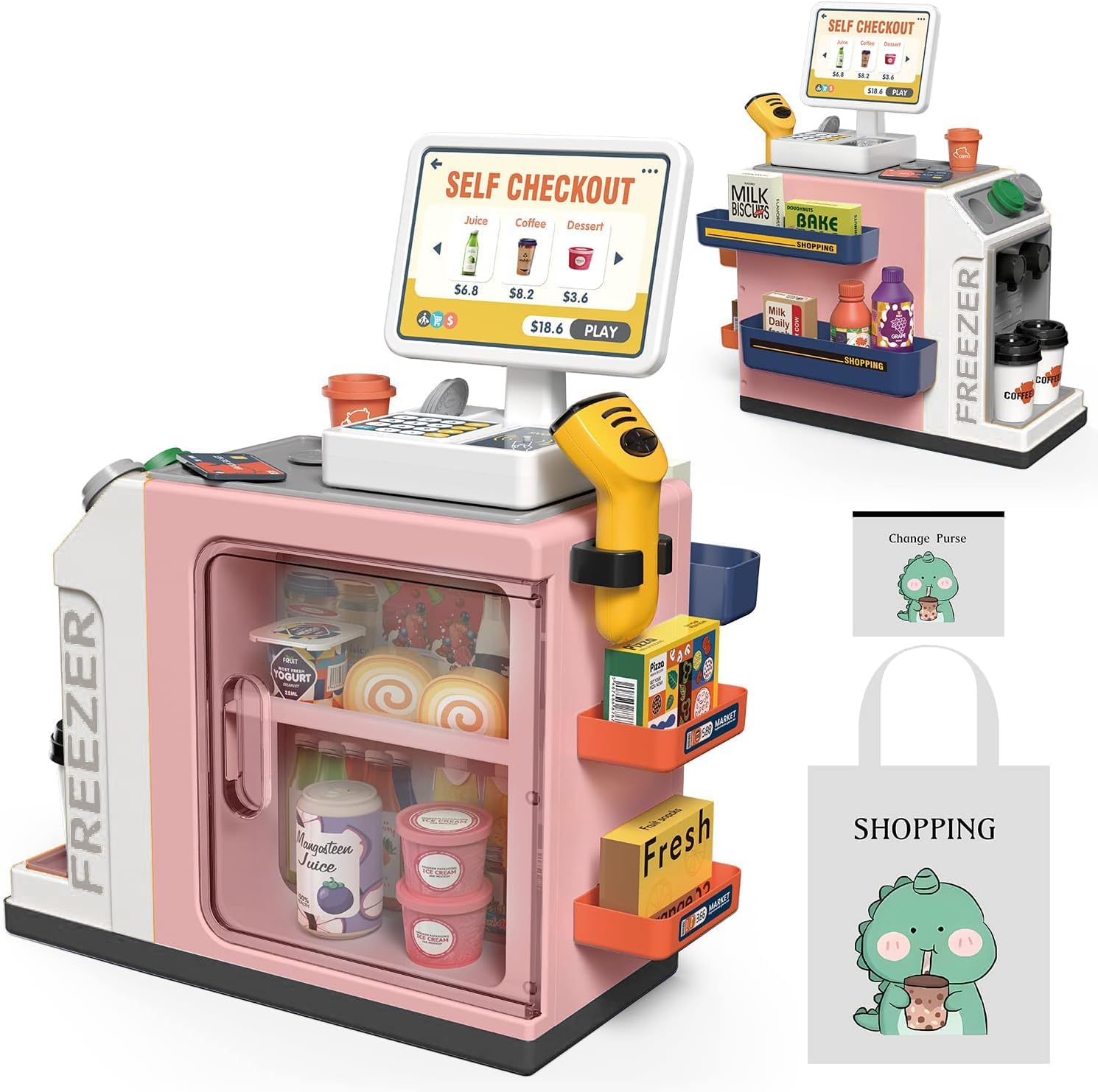 Cash Register Playset for Kids - 48PCS with Toy Coffee Machine,Pretend Play Money, Calculator, Scanner, Credit Card and Play Food for Boys and Girls!