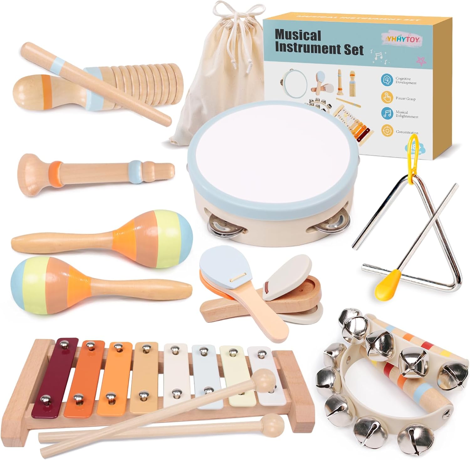 Baby Musical Instruments Set - Montessori Wooden 18 Month Old Baby Musical Toys, Toddler Percussion Instruments Xylophone Maracas Tambourine for Toddlers 1-3, 1 2 3 Year Old Girls Boys Birthday Gifts